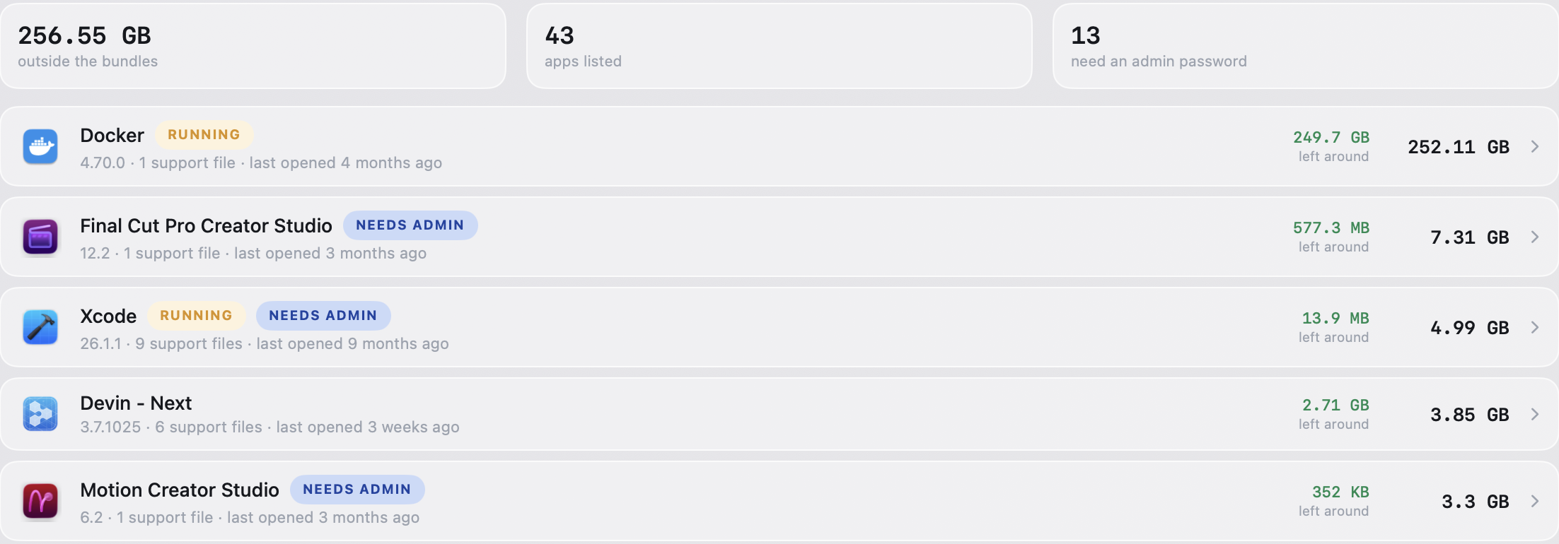 Apps listed with the support files they have left behind