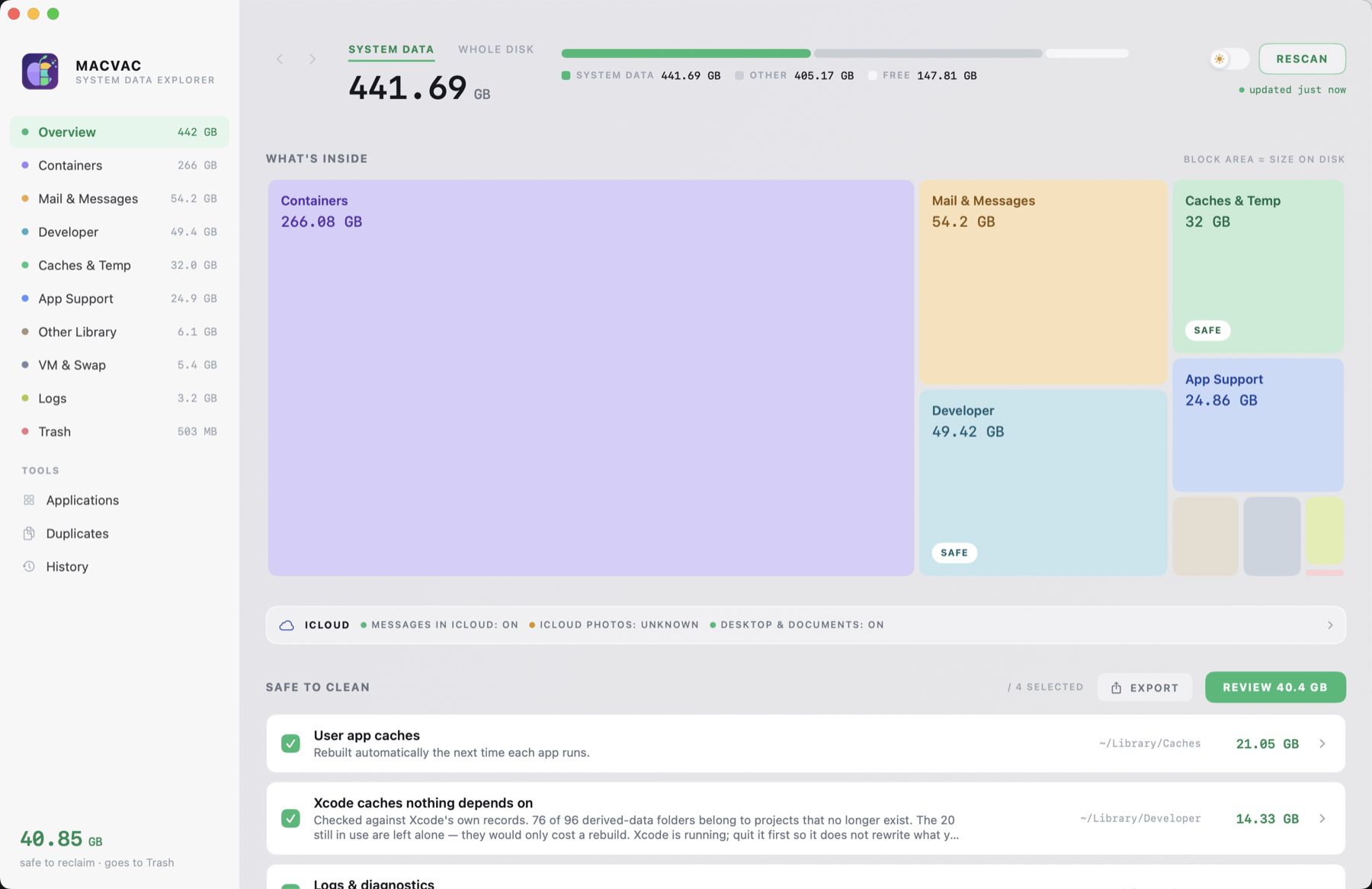 The MacVac window: a treemap of storage categories above a list of things that are safe to clean